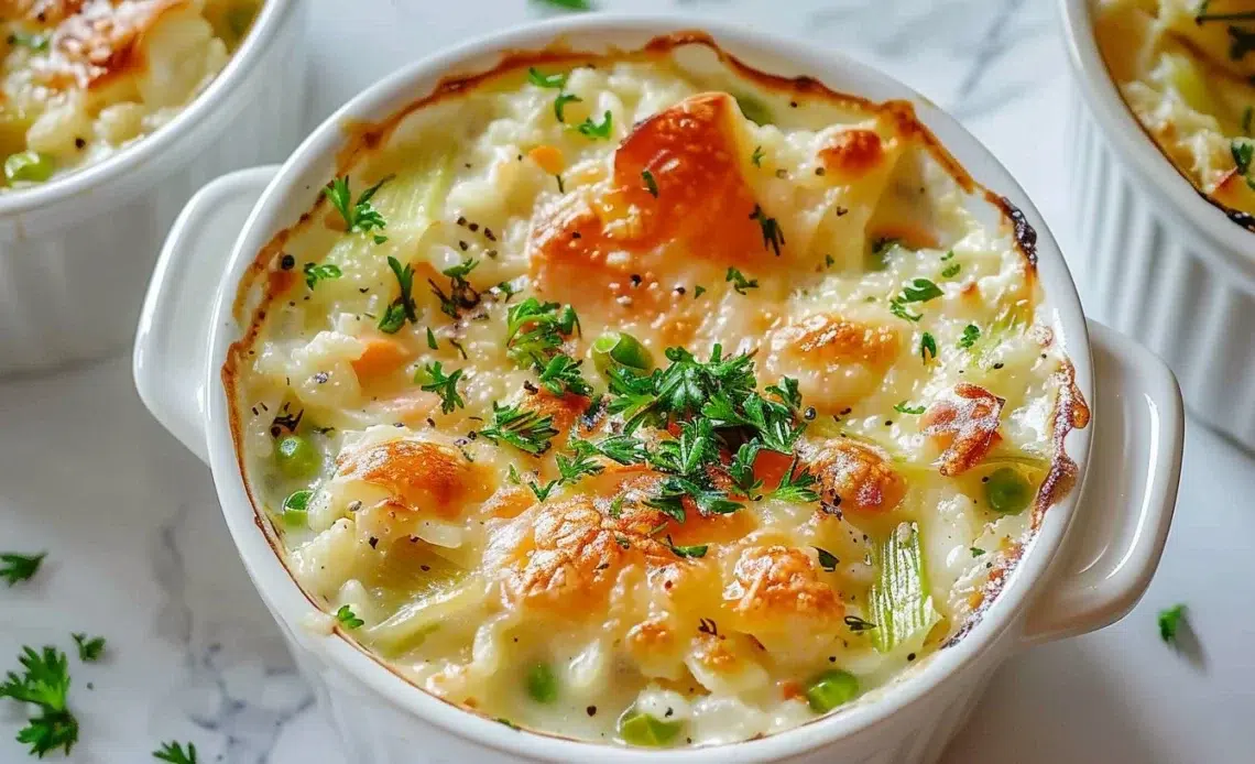 Cassolette de Poireaux et Surimi 1 Cassolette de poireaux et surimi appétissante servie dans un plat en céramique.