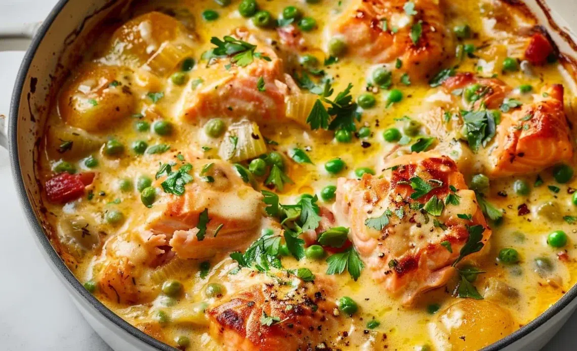 Cassolette de saumon au coco et curry garnie de légumes frais