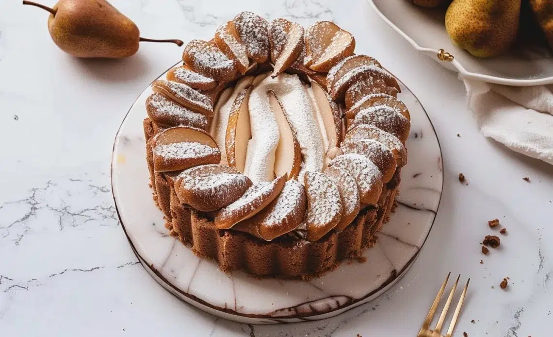 Dessert Charlotte Poire Chocolat avec poires et chocolat fondu