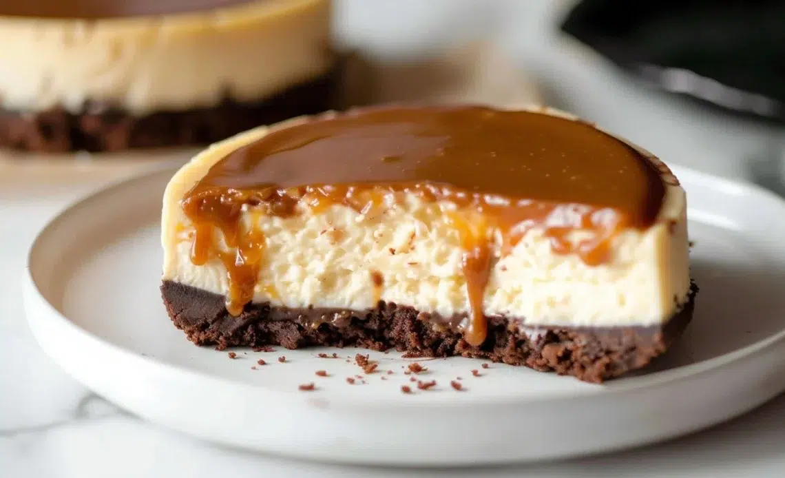 Cheesecake au caramel beurre salé avec une délicieuse garniture caramélisée.