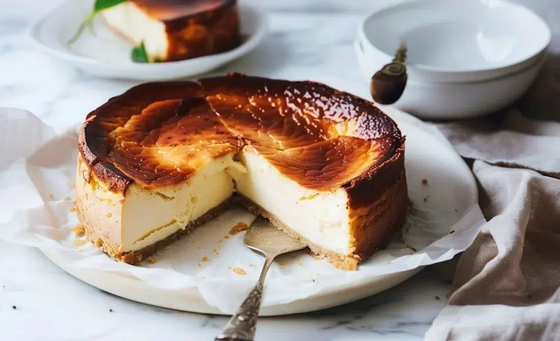 Cheesecake Basque doré avec une texture crémeuse et délicieuse.