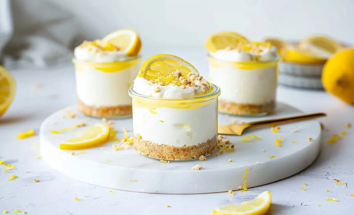 Une délicieuse cheesecake citron sans cuisson, garnie de zestes de citron.
