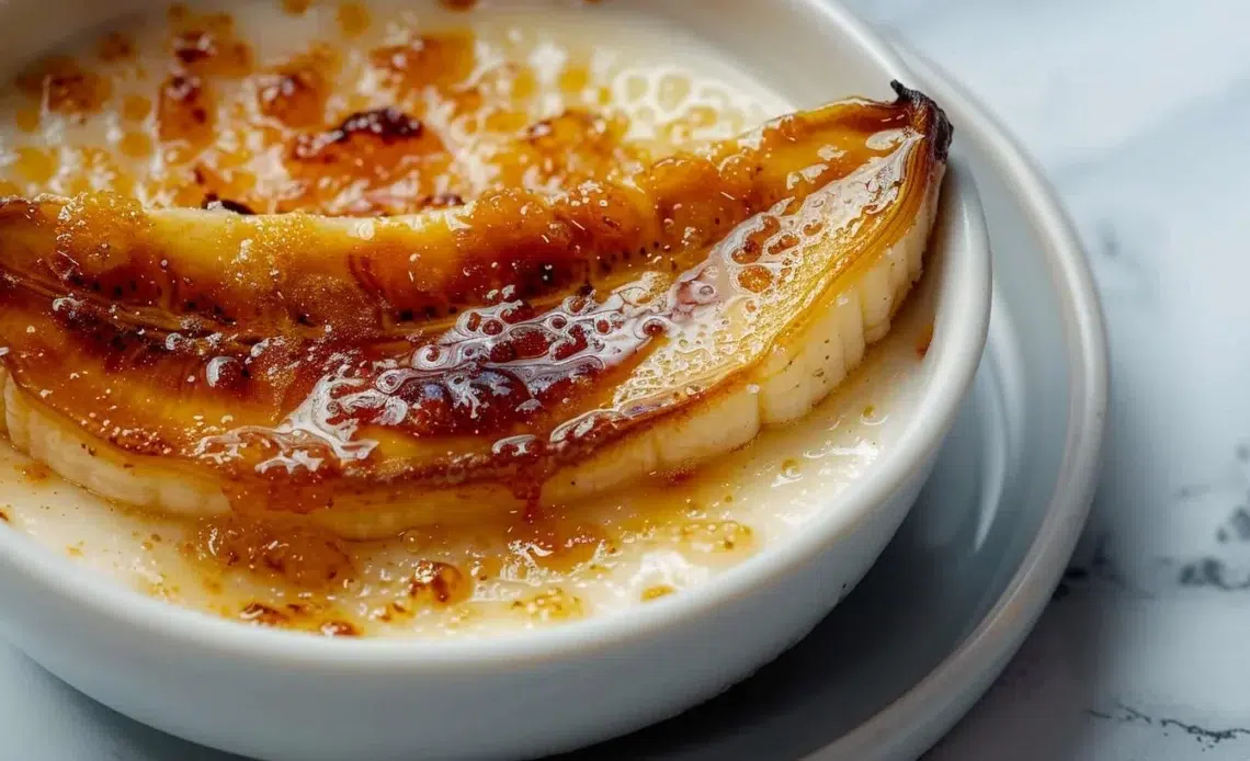Dessert Crème Brûlée Banane Panna Cotta avec caramélisation dorée et bananes