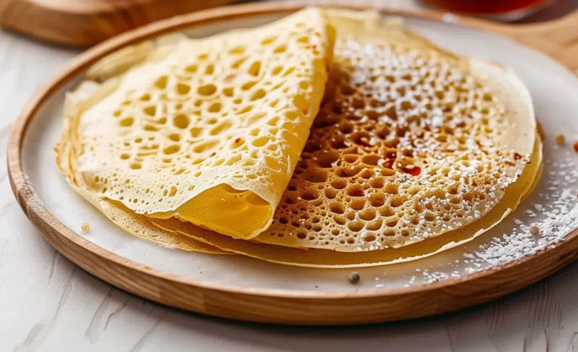 Crêpes Mille Trous (Baghrir) 1 Crêpes Mille Trous (Baghrir) servies avec du miel et des noix