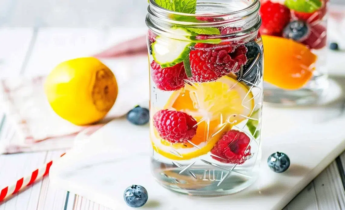 Bouteille d'Eau detox fruitée avec des fruits frais à l'intérieur