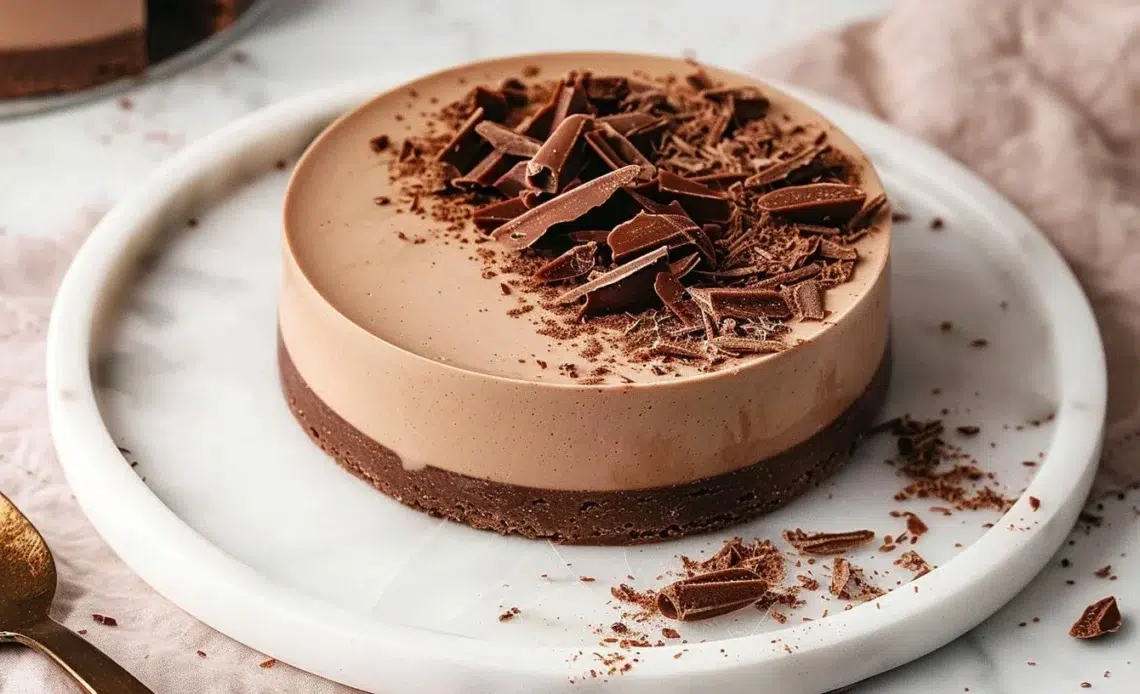 Entremets 3 Chocolats Croustillant Praliné décoré avec un montage artistique en chocolat.