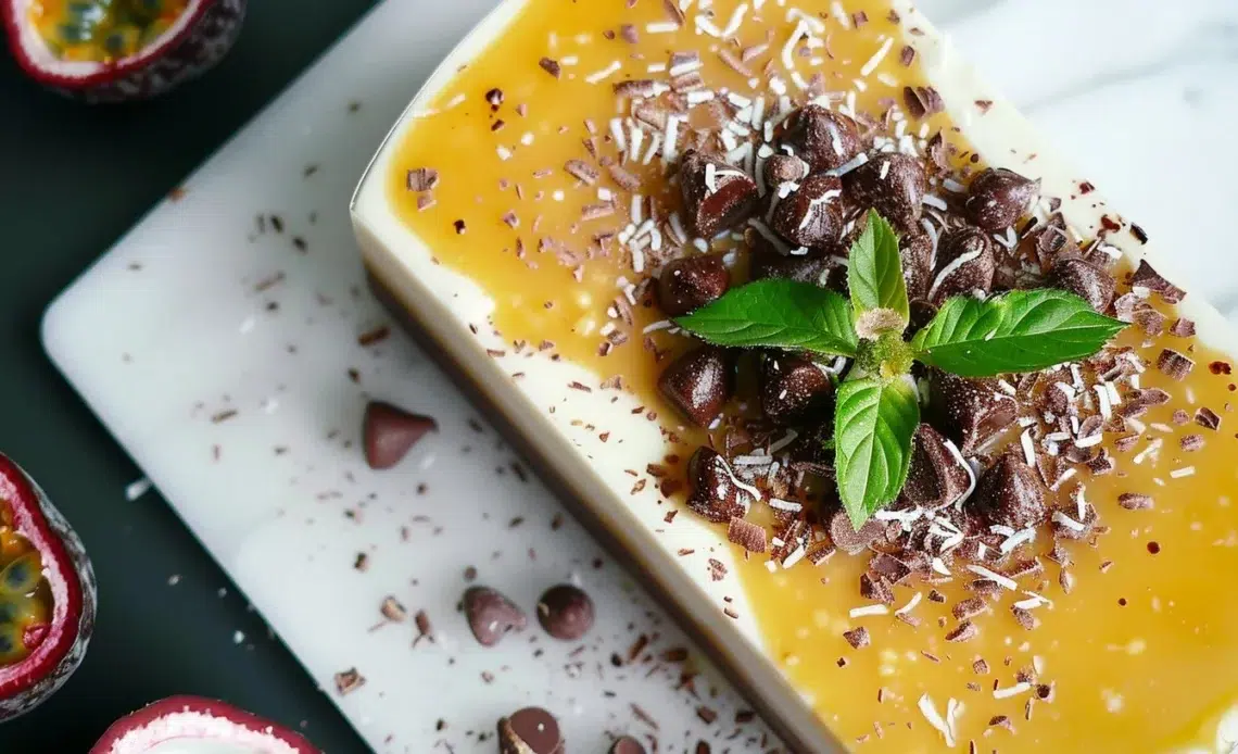 Entremets chocolat avec noix de coco et fruits de la passion