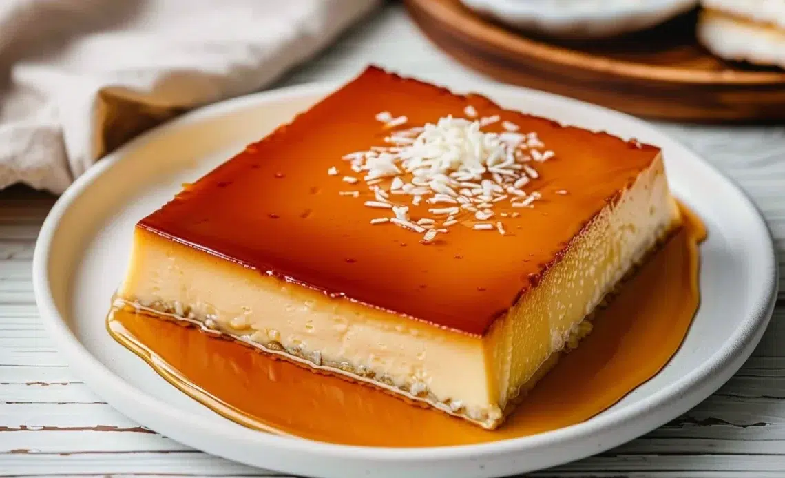 Flan Coco Antillais servi avec de la noix de coco râpée