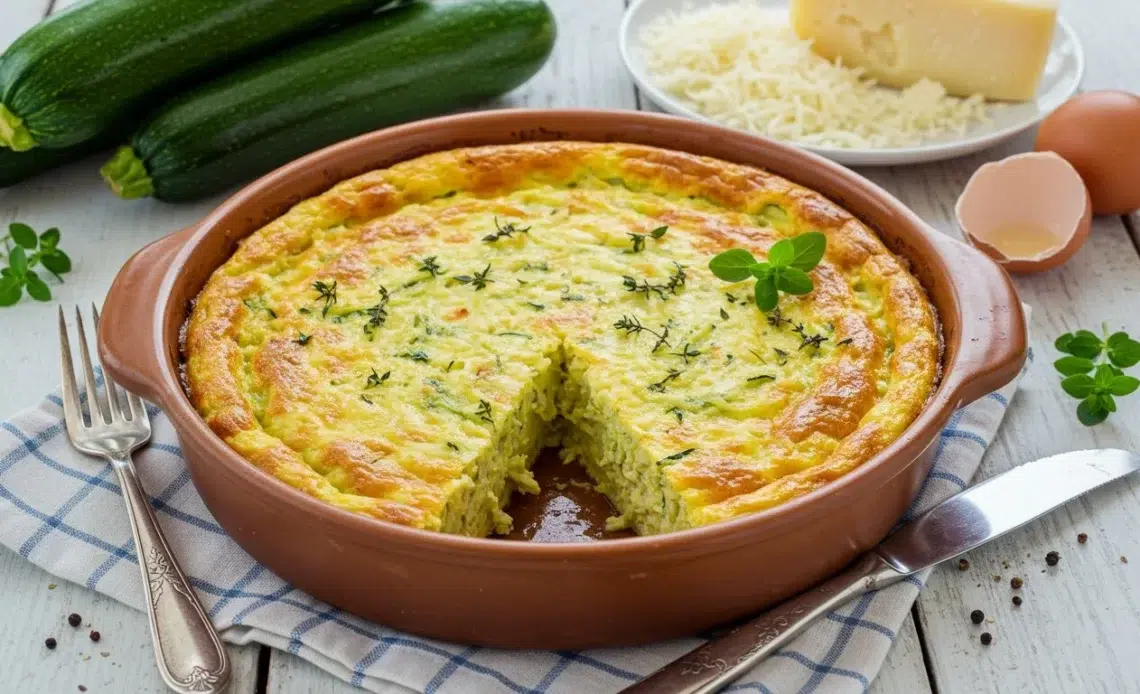 Flan de courgettes gourmand et onctueux, un délice familial sain 1 Flan de courgettes onctueux servi dans un plat familial, recette saine.