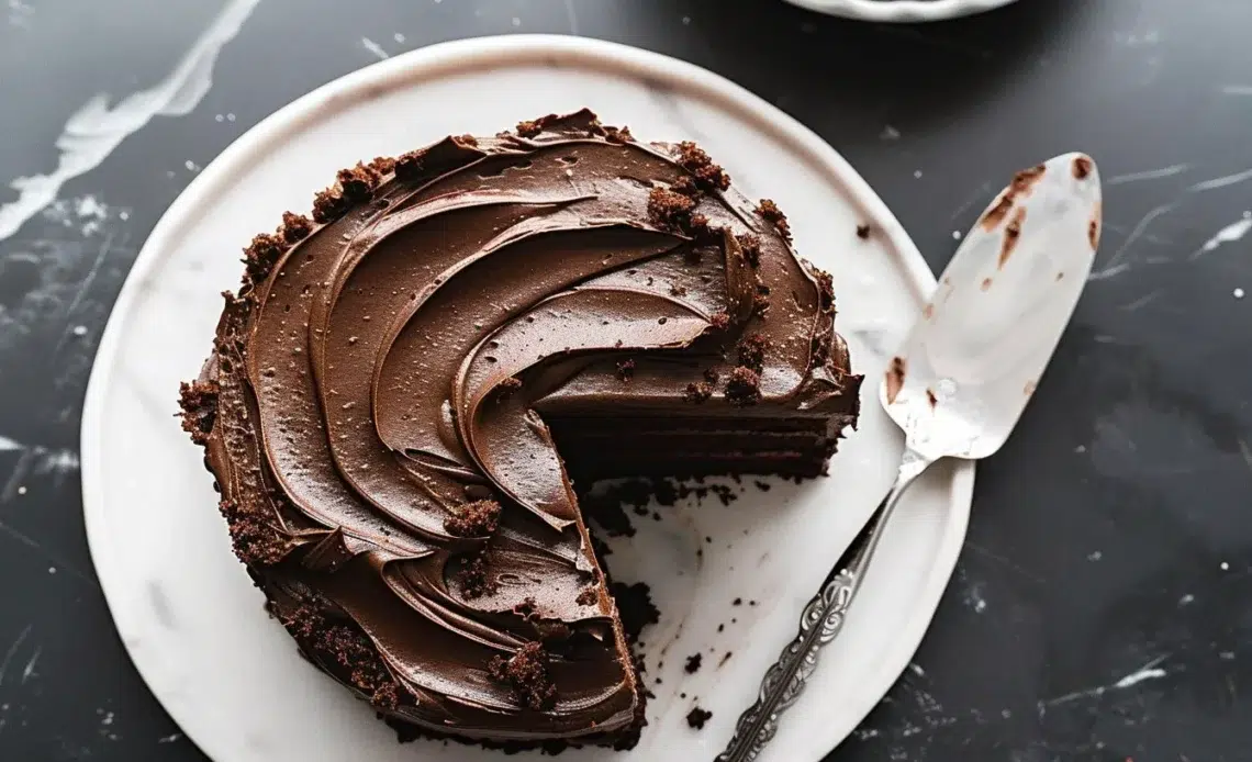 Gâteau au chocolat vegan 1 Gâteau au chocolat vegan savoureux et moelleux sur une assiette élégante.