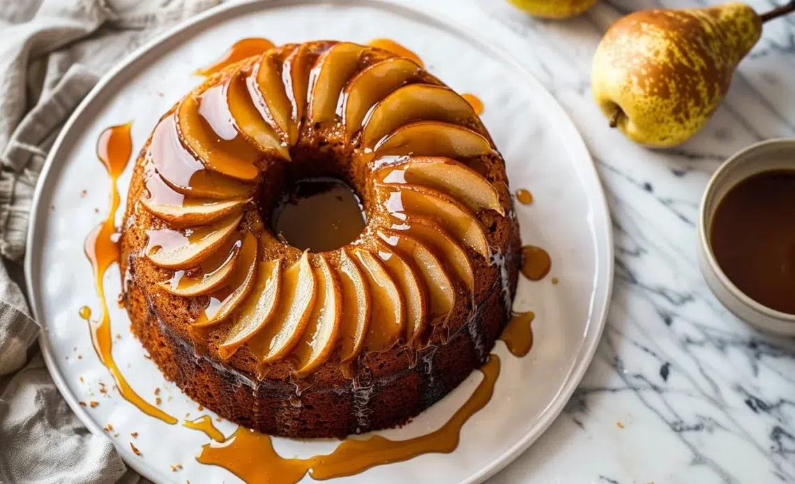 Gâteau poire gingembre avec caramel, succulent dessert aux saveurs équilibrées