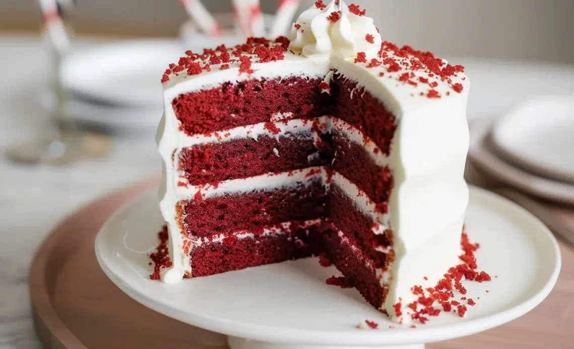 Gâteau Rouge Velours décoré avec crème et fruits frais.