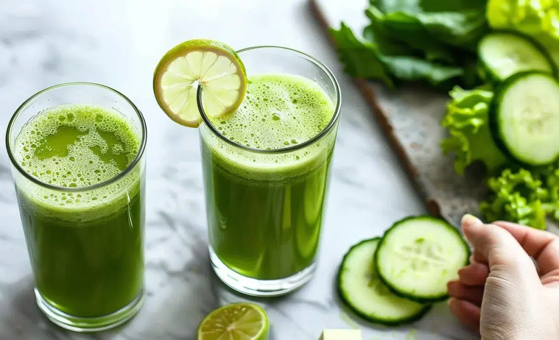 Bouteille de Jus Detox Vert fraîchement pressé avec des légumes et fruits verts