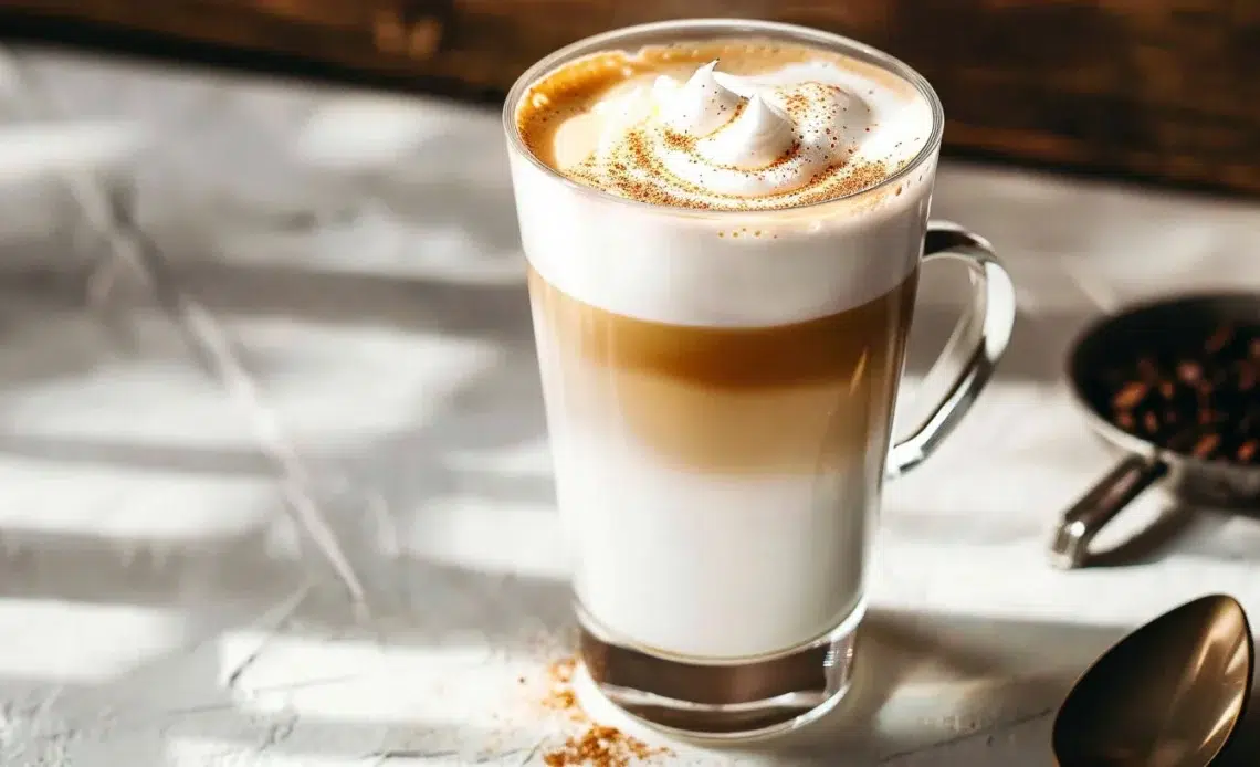 Un délicieux Latte Macchiato servi dans une tasse élégante, avec mousse de lait crémeuse.