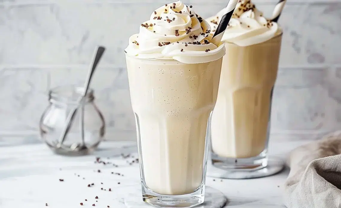 Milkshake à la vanille frais et crémeux dans un verre, prêt à être dégusté.