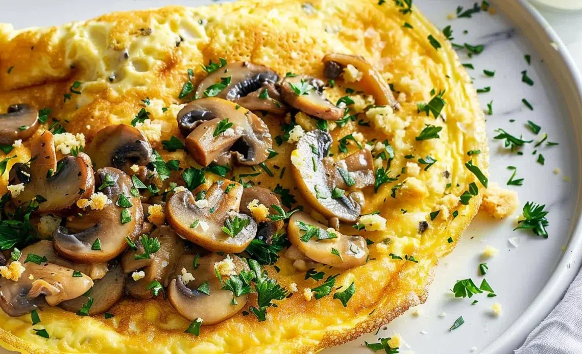 Omelette aux champignons 1 Omelette aux champignons fraîchement préparée dans une poêle