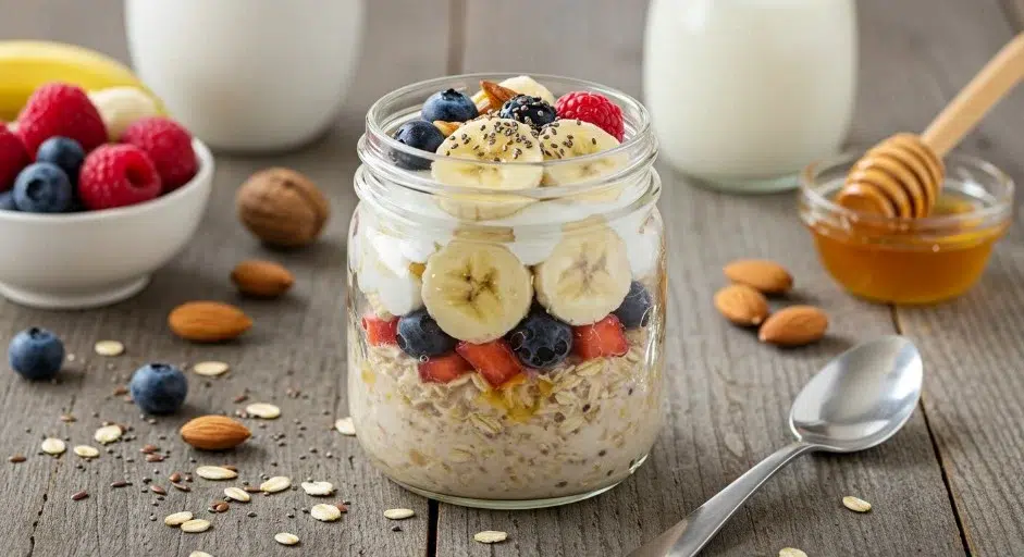 Un bol d'overnight oats protéinés avec des fruits frais et des graines, parfait pour le petit déjeuner.