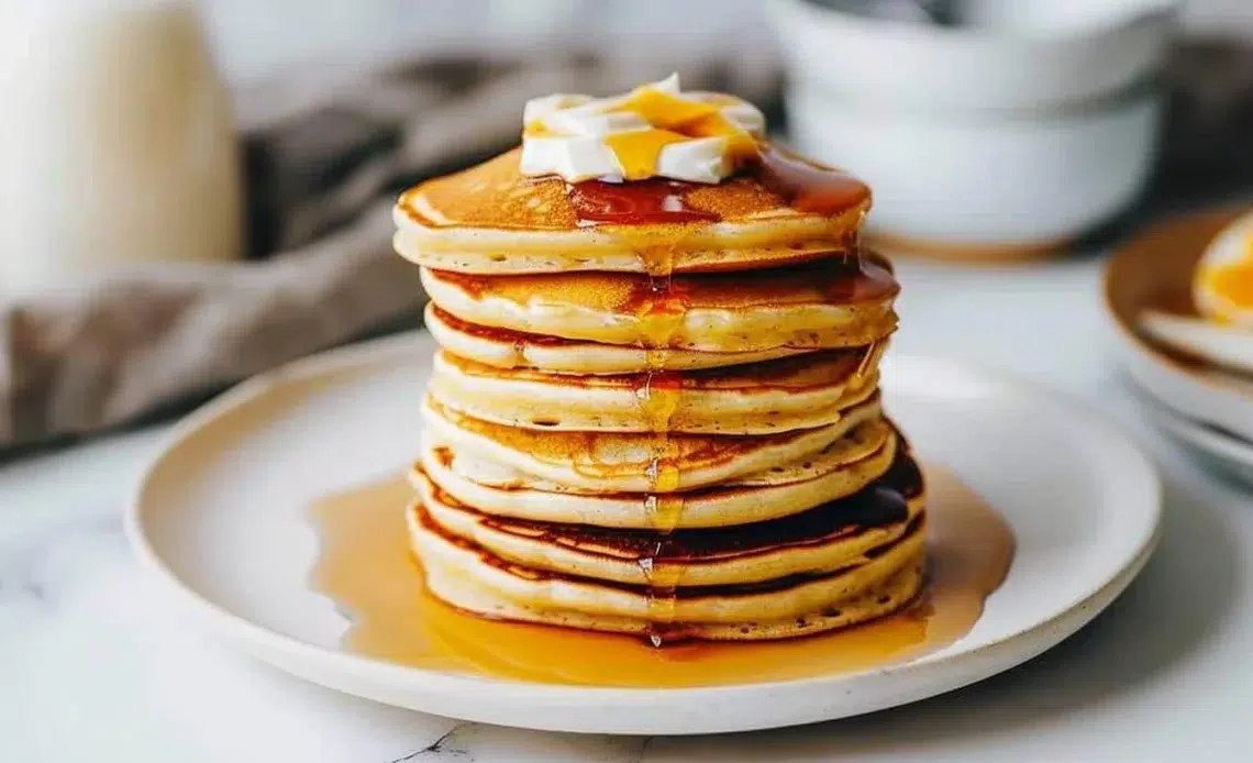 Pancakes moelleux dorés sur une assiette, garnis de fruits et de sirop d'érable