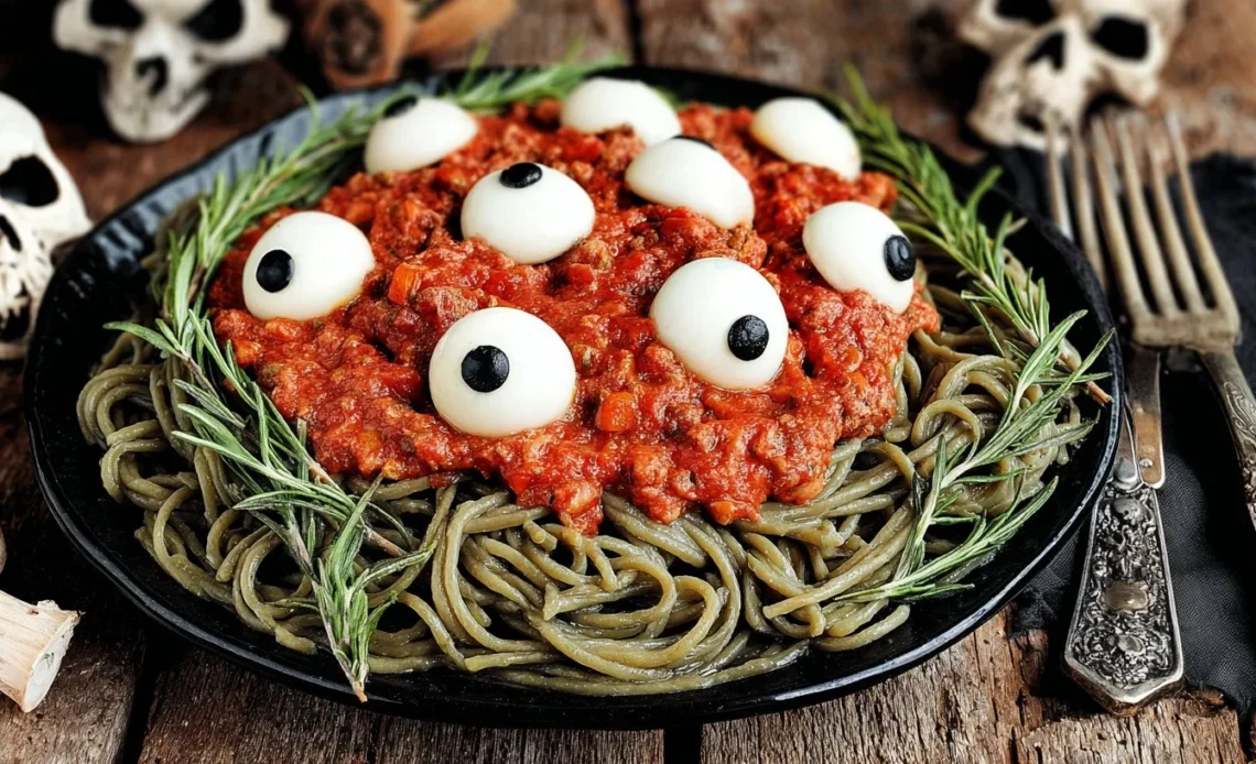 Pâtes aux yeux pour une soirée d’Halloween 1 Pâtes aux yeux présentées pour une soirée d'Halloween terrifiante et festive.