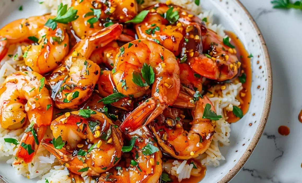 Plat de saumon et crevettes caramélisés au miel et à l'ail 1 Plat de saumon et crevettes caramélisés au miel et à l'ail