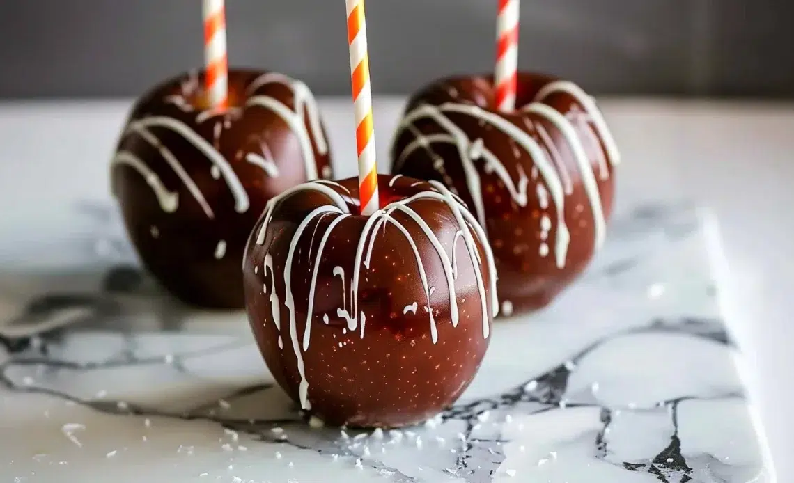 Pommes d'amour enrobées de caramel et chocolat sur une table festive