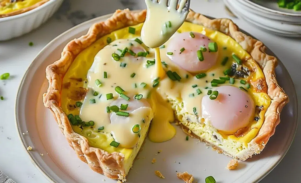 Quiche hollandaise aux œufs bénédictine 1 Quiche hollandaise aux œufs bénédictine servie sur une assiette.