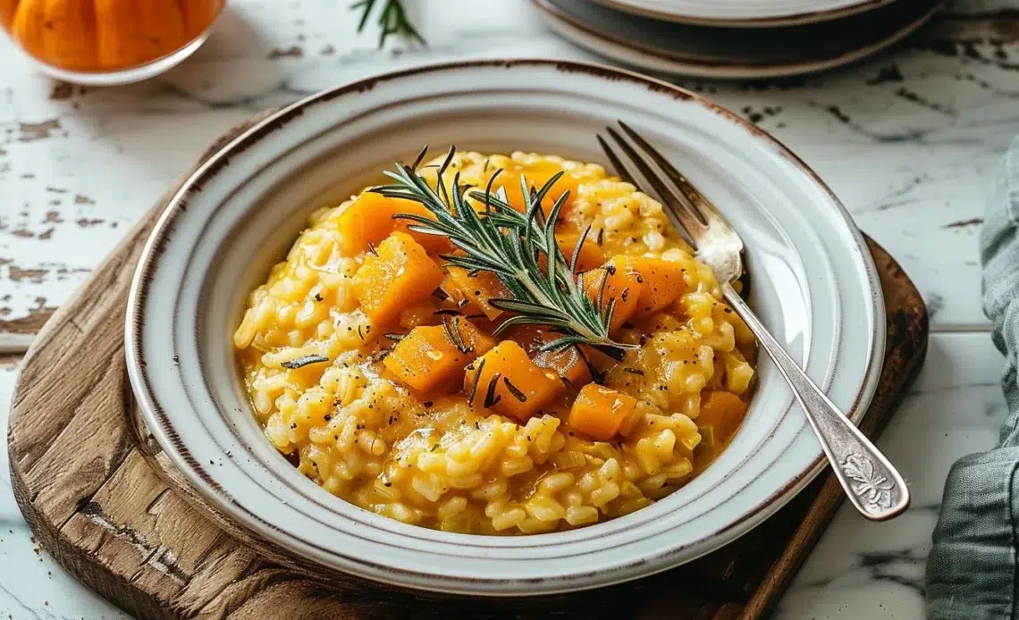 Risotto crémeux au potimarron, miel et romarin dans une assiette élégante.