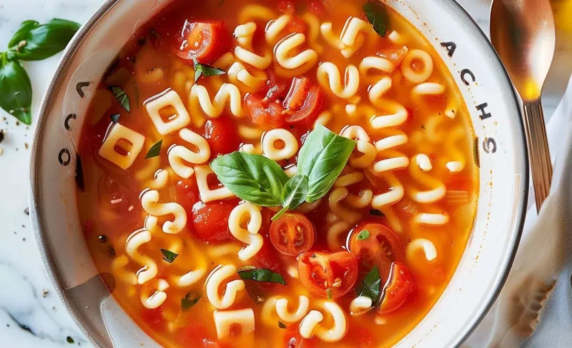 Soupe tomates alphabet prête en 20 min 1 Soupe aux tomates et pâtes alphabet servie dans un bol