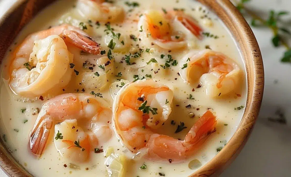 Soupe crémeuse aux crevettes servie dans un bol coloré