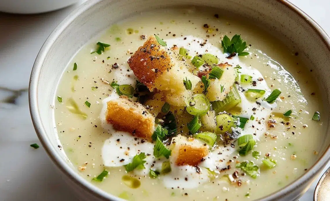 Soupe de poireaux et courgettes au Boursin, un plat crémeux et savoureux.