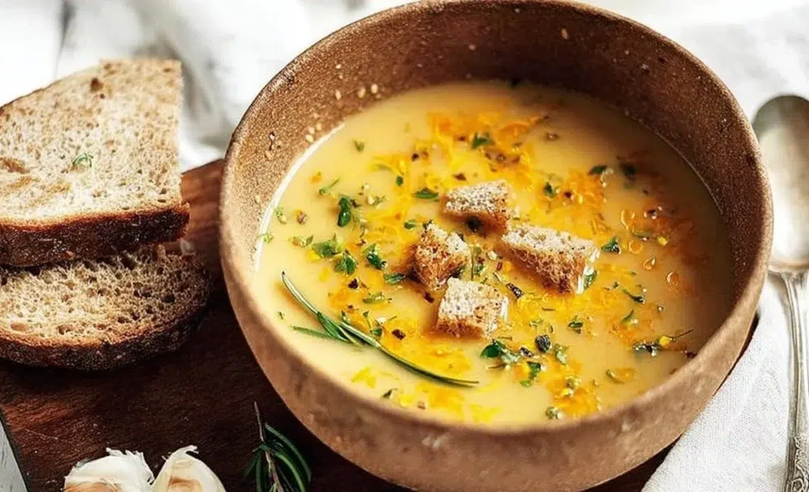 Soupe veloutée au potimarron 1 Soupe veloutée au potimarron servie dans un bol avec des herbes fraîches.