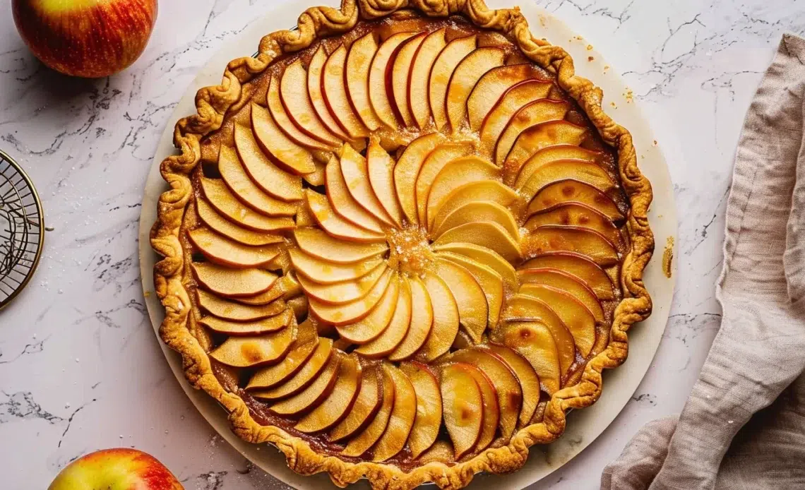 Tarte Normande aux Pommes garnie de pommes juteuses et de crème.