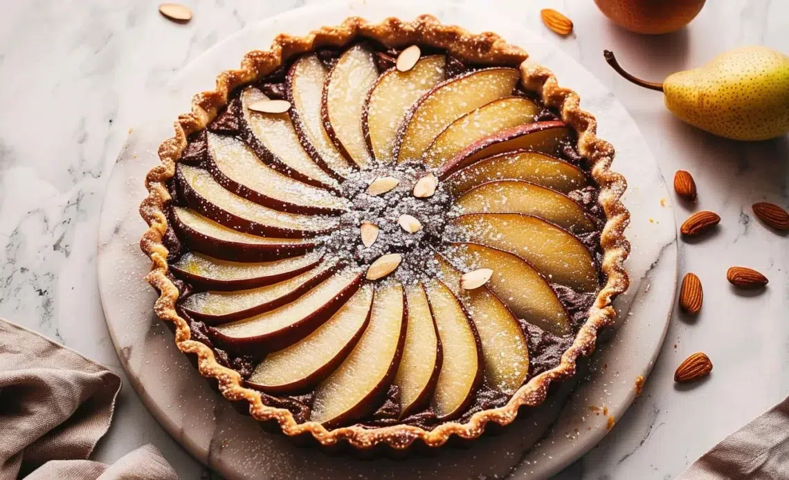 Tarte Poire Chocolat Amande avec poires et chocolat sur une pâte dorée