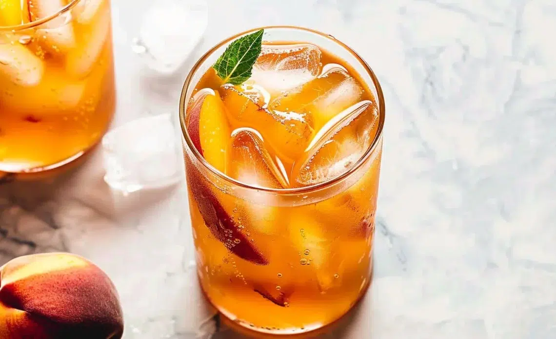 Bouteille de thé glacé à la pêche sur une table en été
