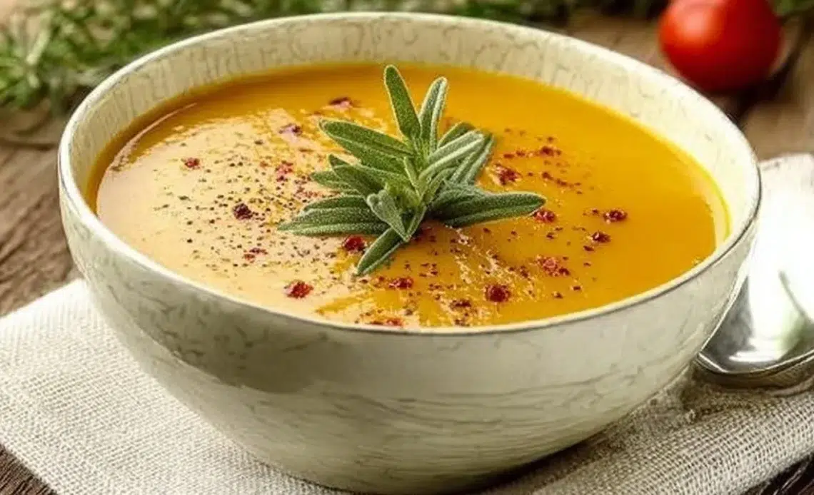 Bol de velouté automnal de potiron et pomme de terre, garniture de crème fraîche