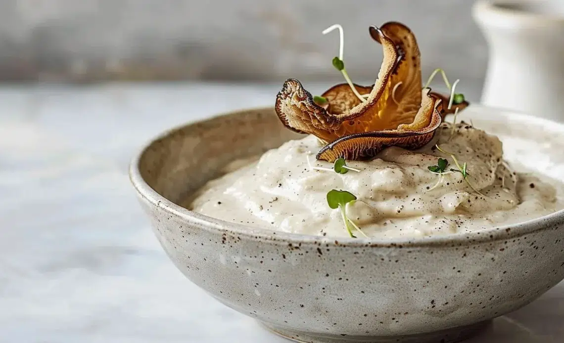 Bol de velouté de champignons crémeux garni de persil frais