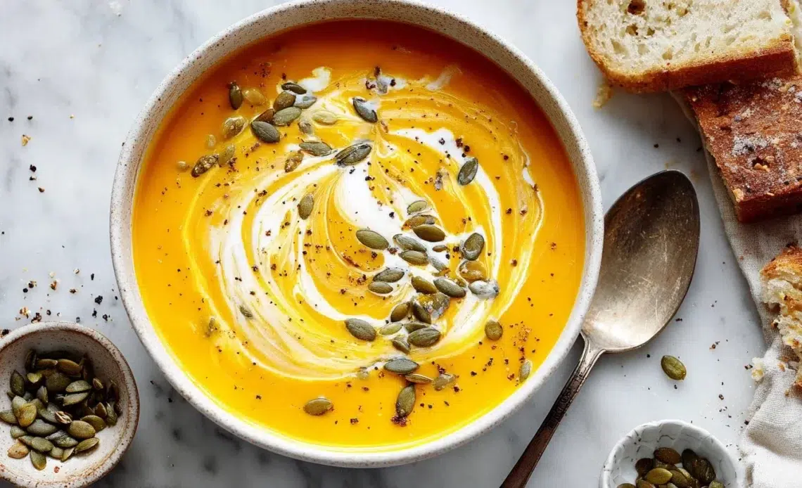 Velouté de potiron crémeux: réconfortant, vitaminé et ultra-simple pour l’automne et l’hiver. 1 Velouté de potiron crémeux servi dans un bol élégant, idéal pour l'automne.
