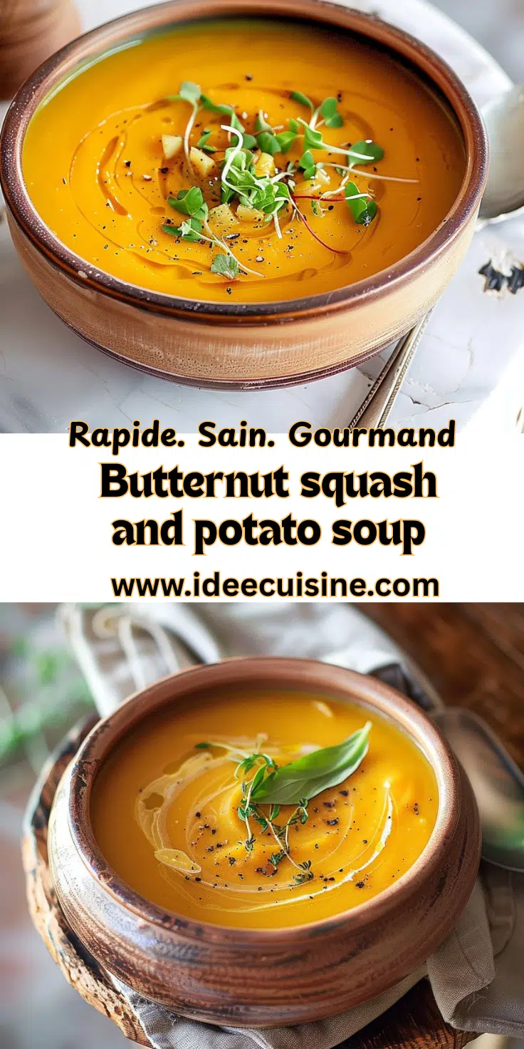 Bol fumant de soupe orange vif, décor goutte de crème, graines de courge, herbes