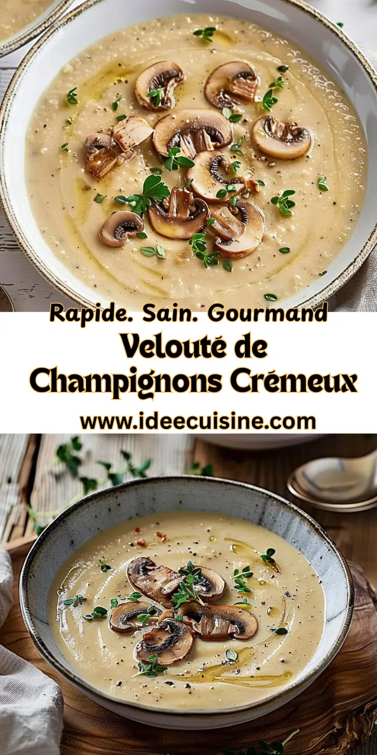 Bol de soupe crémeuse brune, lamelles de champignons, herbes fraîches en surface.