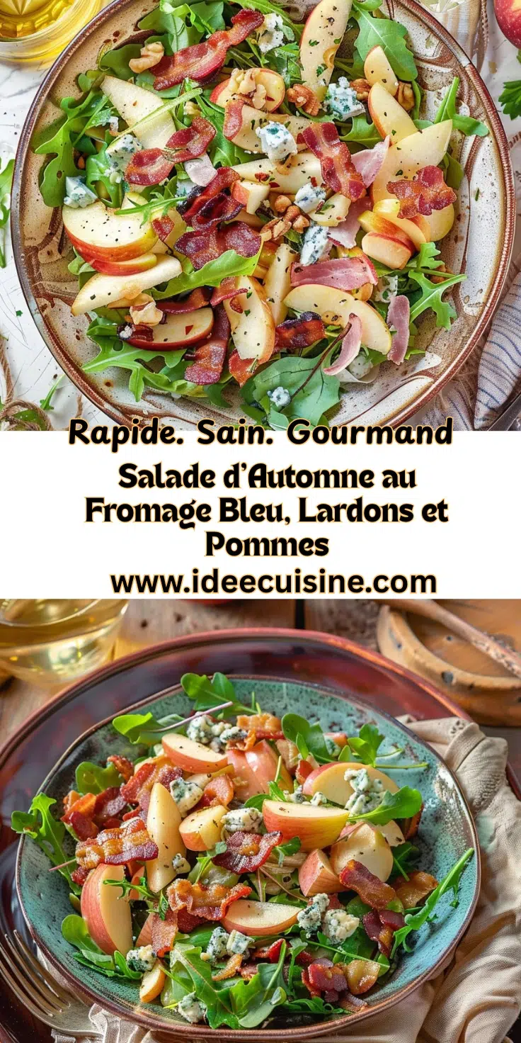Salade d'Automne au Fromage Bleu, Lardons et Pommes 2 Grande assiette de salade de saison : pommes, fromage bleu, lardons croustillants, noix, roquette et vinaigrette.