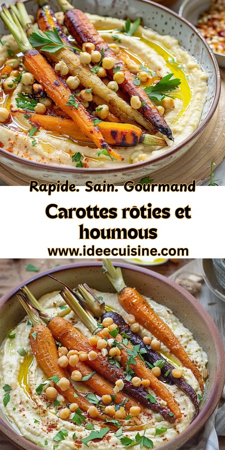 Bol de houmous crémeux garni de carottes multicolores rôties, pois chiches et herbes fraîches.