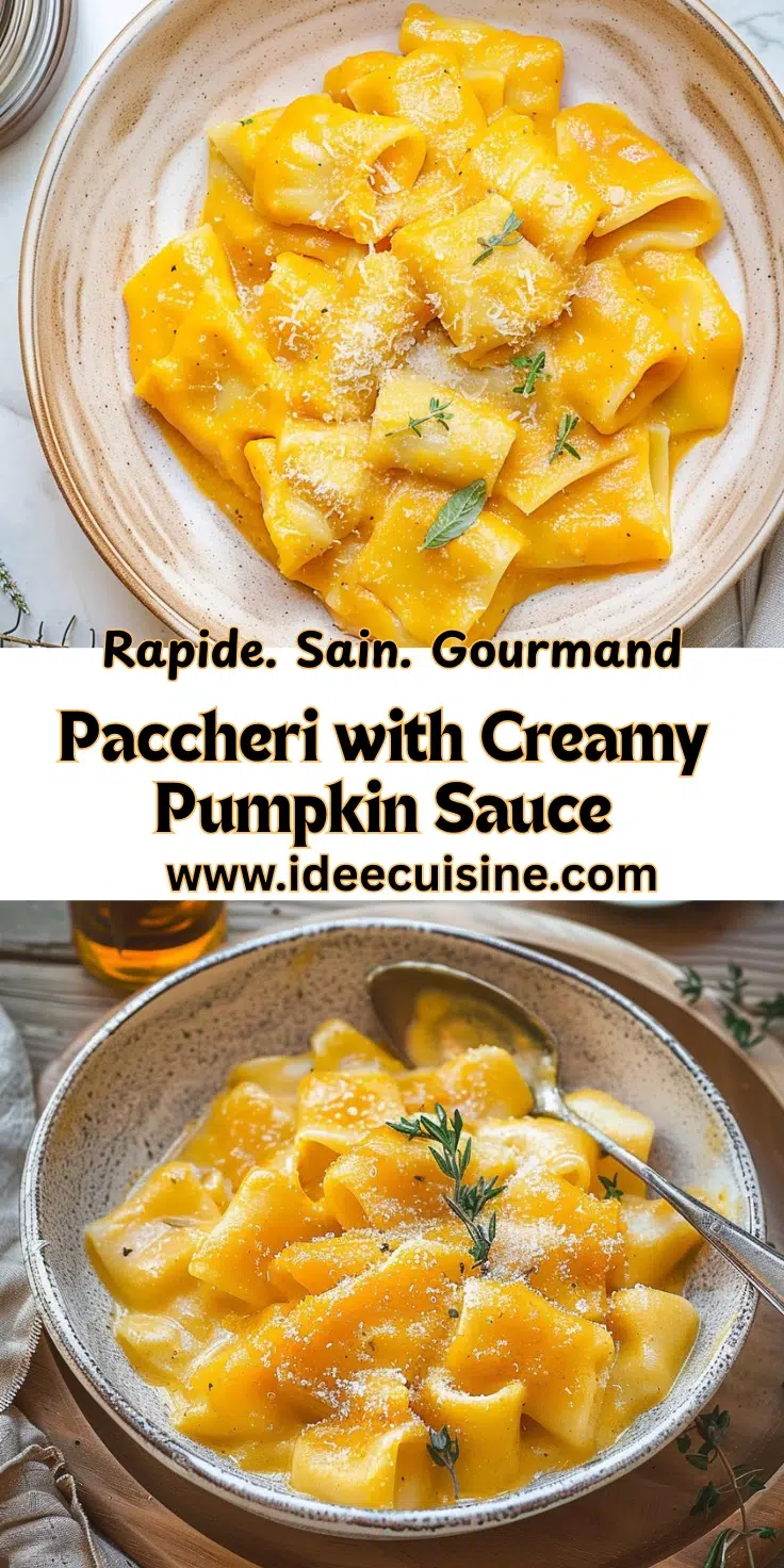 Assiette de pâtes larges (paccheri) nappées de sauce orange crémeuse à la courge, herbes fraîches.