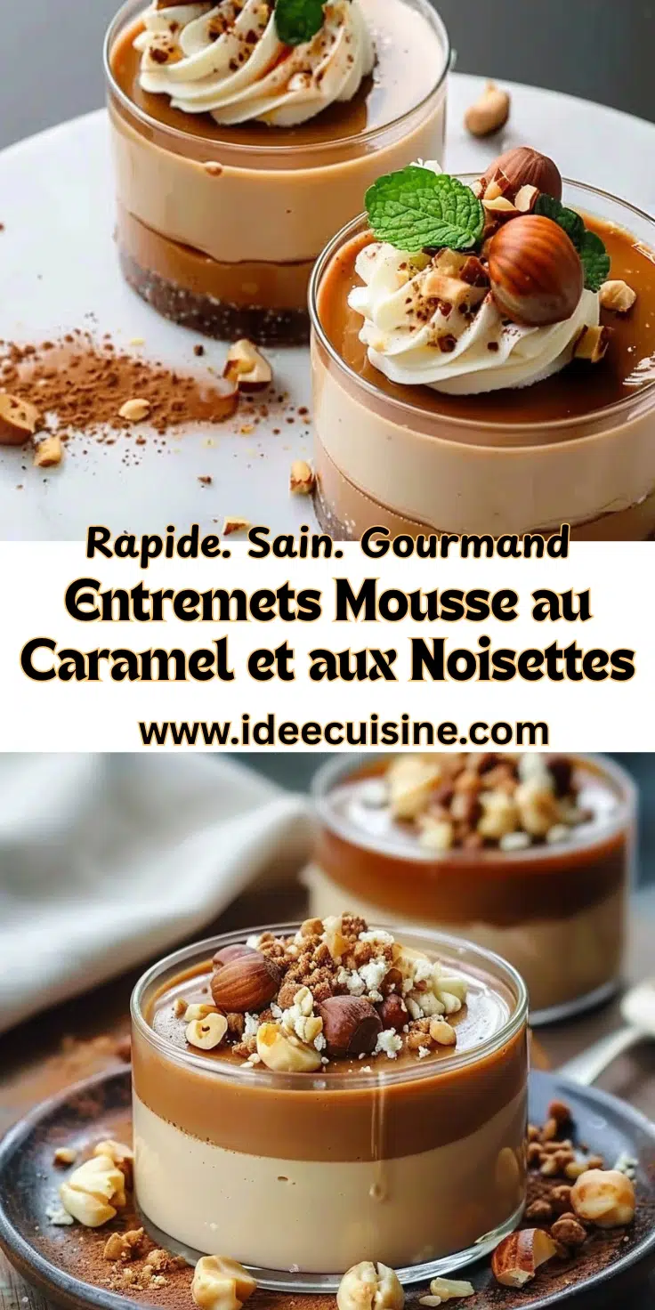 Entremets individuel mousseux, cœur caramel coulant, décor éclats de noisettes grillées.