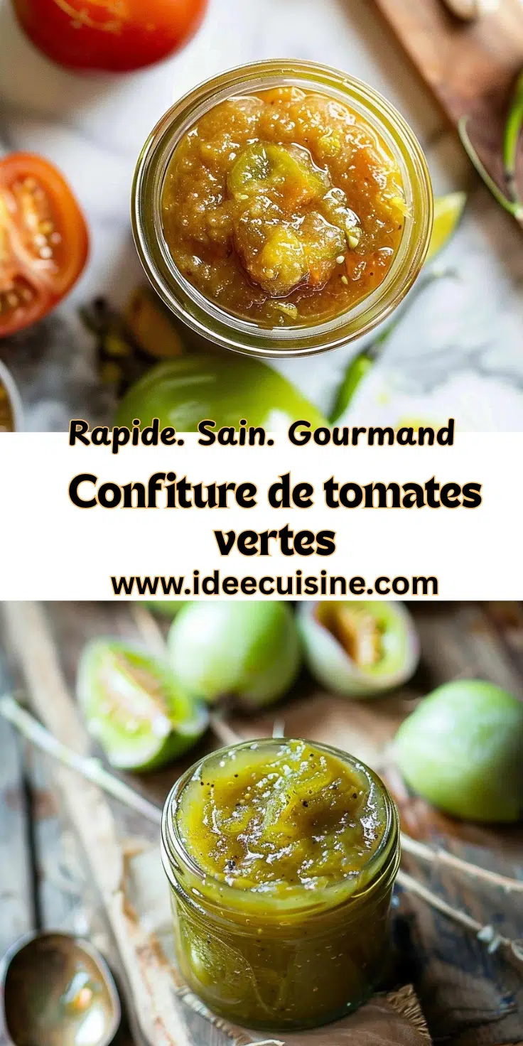 Petit pot de confiture vert clair, texture épaisse, tomates vertes en arrière-plan.