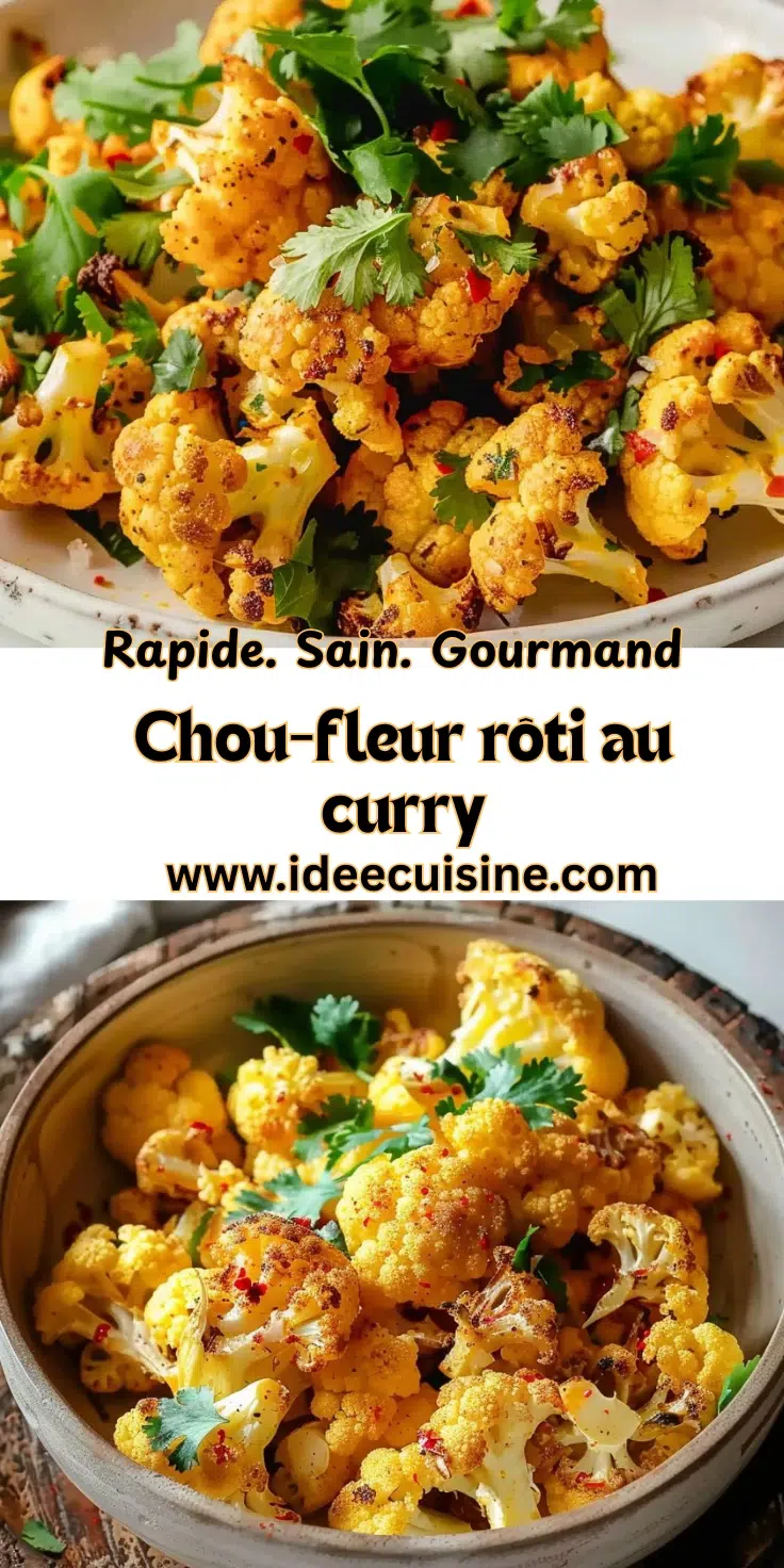 Têtes de chou-fleur rôties dorées, enrobées de sauce curry jaune, décor coriandre fraîche.