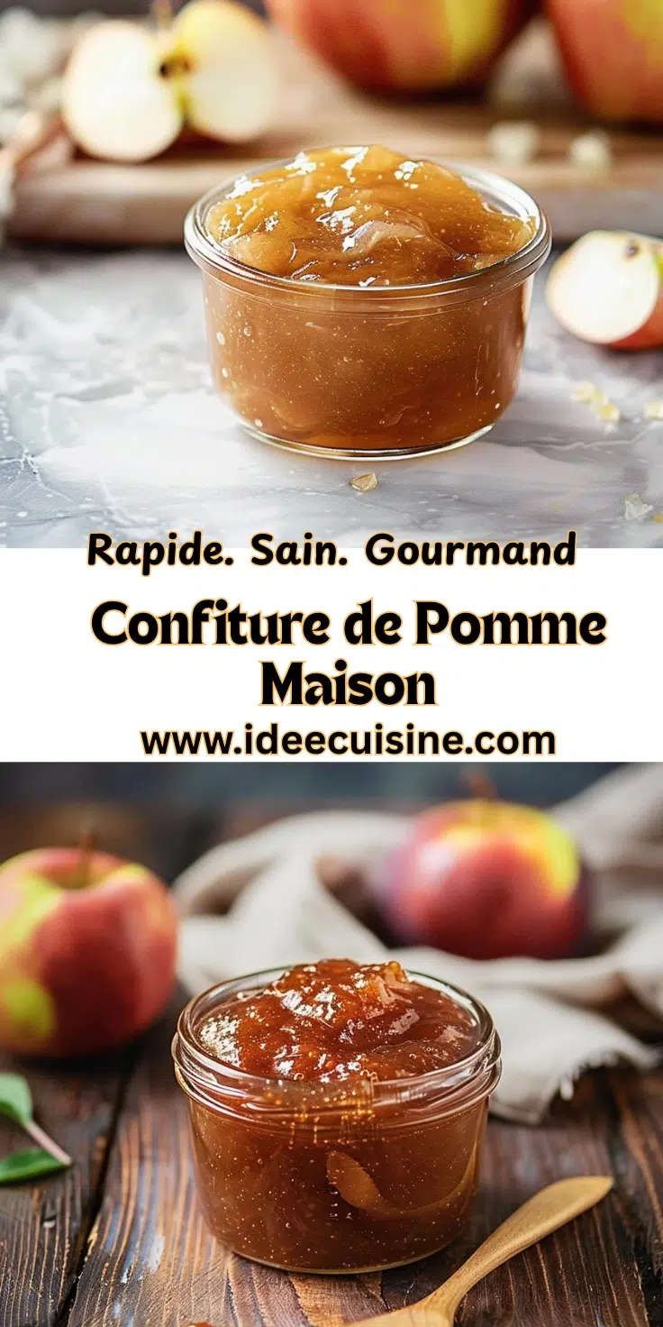 Pots de confiture dorée à la pomme, couvercle rustique et cuillère en bois, décor fruits frais.