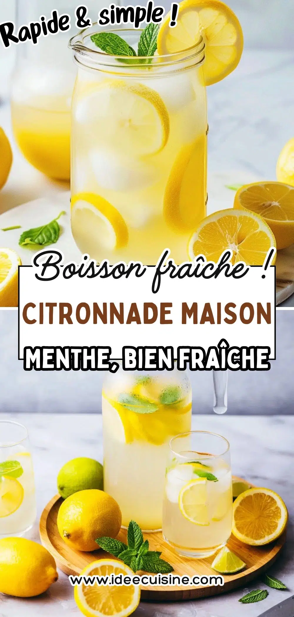 Pichet transparent plein de citronnade, tranches de citron jaunes, feuilles de menthe fraîche et verres assortis.