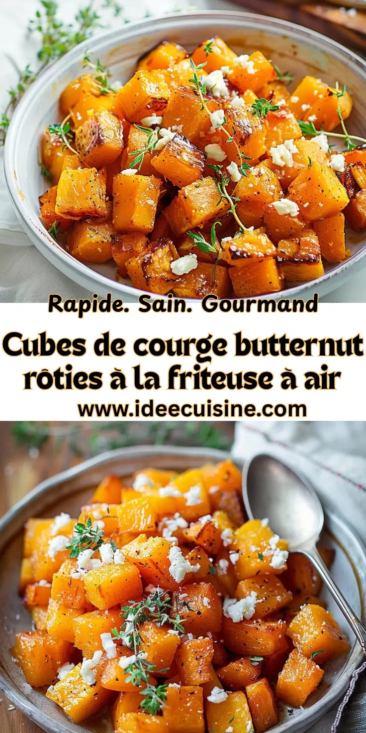 Bol de cubes de courge dorés, herbes fraîches et miettes de fromage, surface caramélisée.