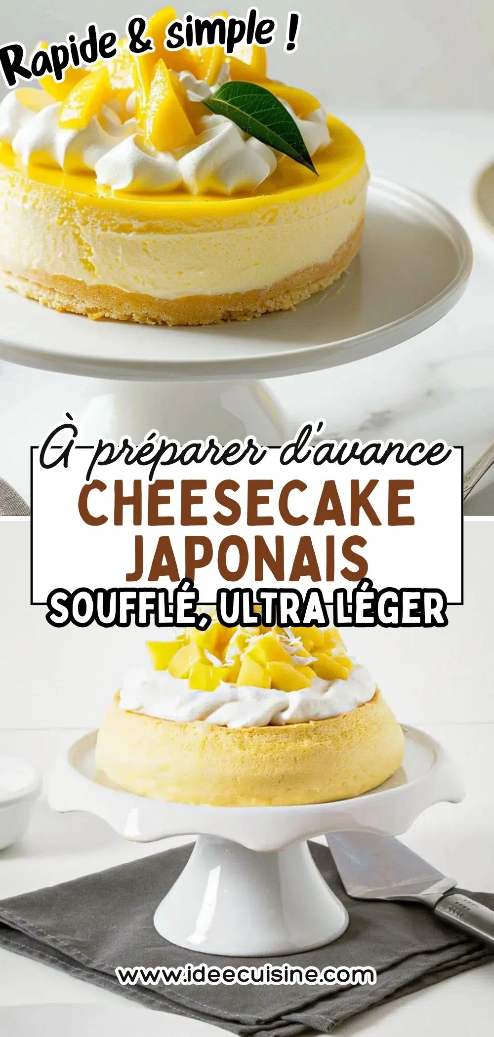 Cheesecake japonais gonflé, texture aérienne et dorée, présenté sur plat blanc, zeste de citron en décor.