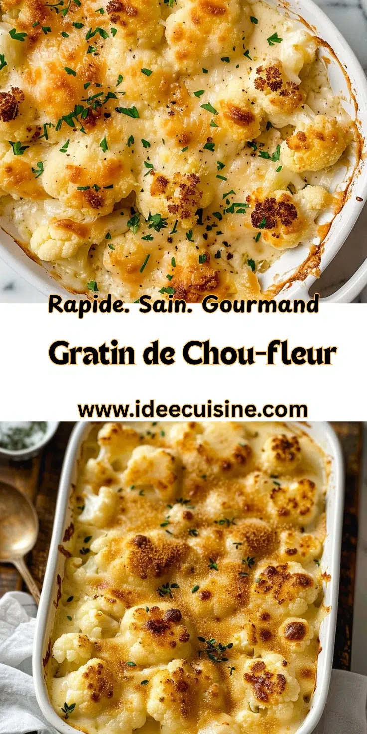 Gratin de chou-fleur crémeux 2 Plat gratiné doré, fleurettes de chou-fleur nappées de sauce crémeuse et fromage.